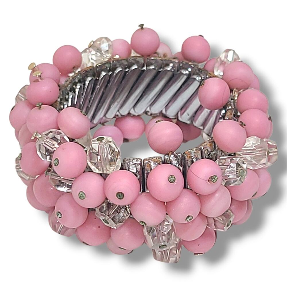Vintage‎ Frosted Pink Glass & Crystal Accordion ChaCha Bracelet *Read
